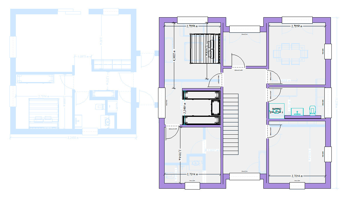 Doppelter Grundriss eines Hauses: linke Blaupause, rechts detaillierter Etagenplan mit Treppen.