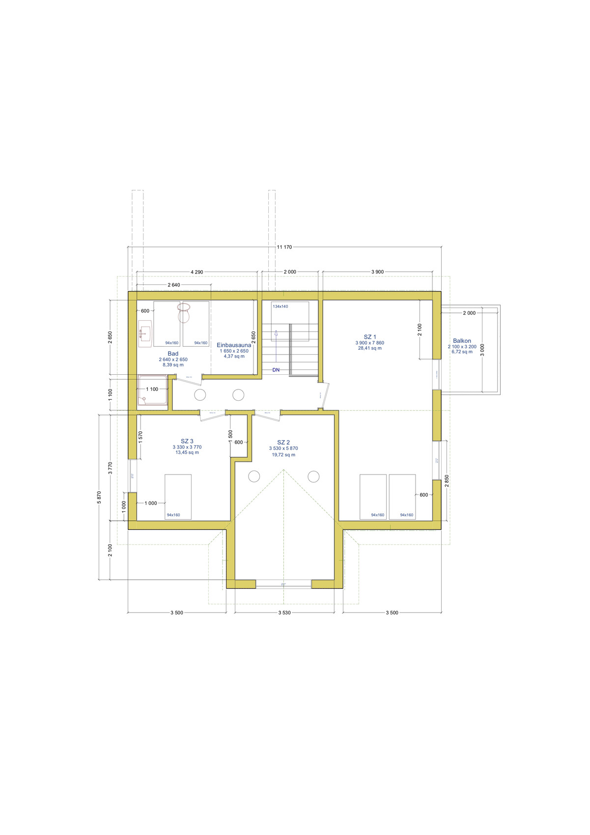 Grundriss eines Dachgeschosses: gelbe Außenwände, Zimmer, Treppenraum, Balkon.