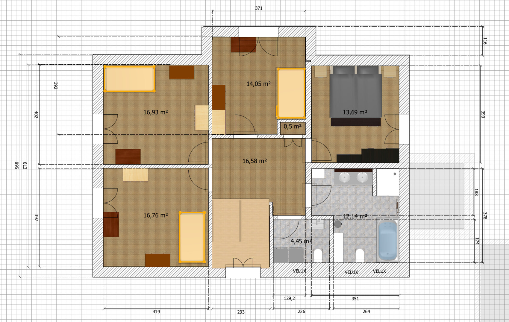 Grundriss einer Etage mit mehreren Zimmern: Schlafzimmer, Bad, Flur, Wohnzimmer, Maße in m².