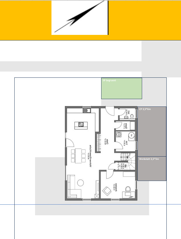Grundriss eines Apartments mit Küche, Wohnzimmer, Essbereich, Schlaf- und Badzone sowie Werkstatt.