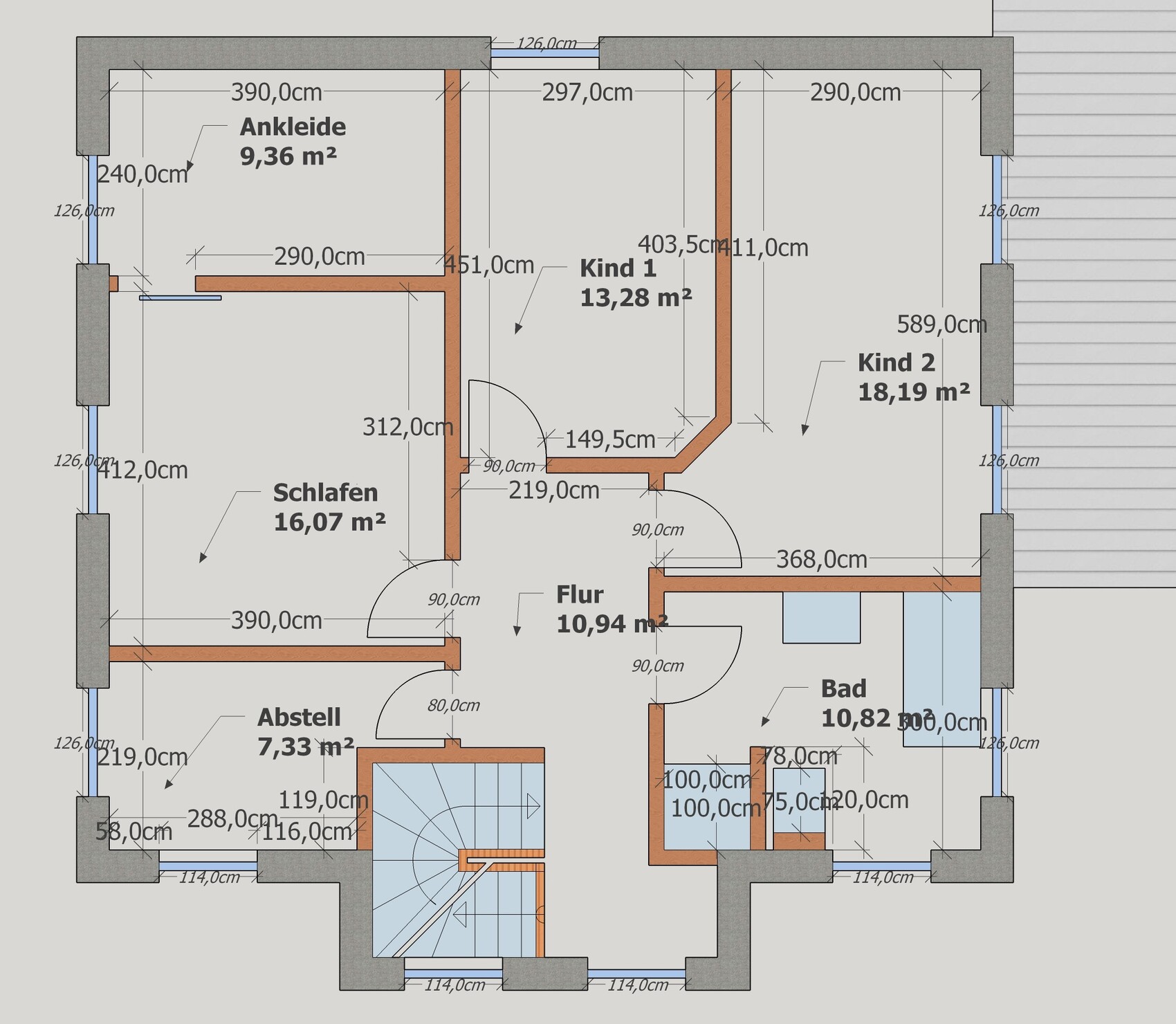 Grundriss eines Hauses mit Flur, Schlafen, Abstell, Bad, Ankleide, Kind 1 und Kind 2.