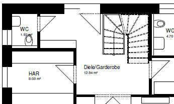 2D-Grundriss eines Hauses mit Diele, Garderobe, WC und HAR
