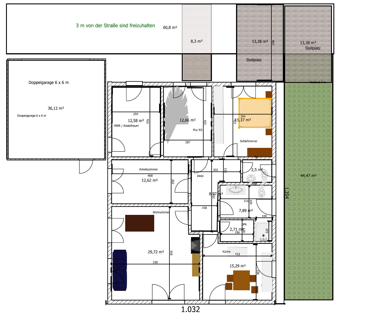 2D-Hausgrundriss mit Doppelgarage, Schlafzimmer, Küche, Wohnzimmer und Gartenbereich
