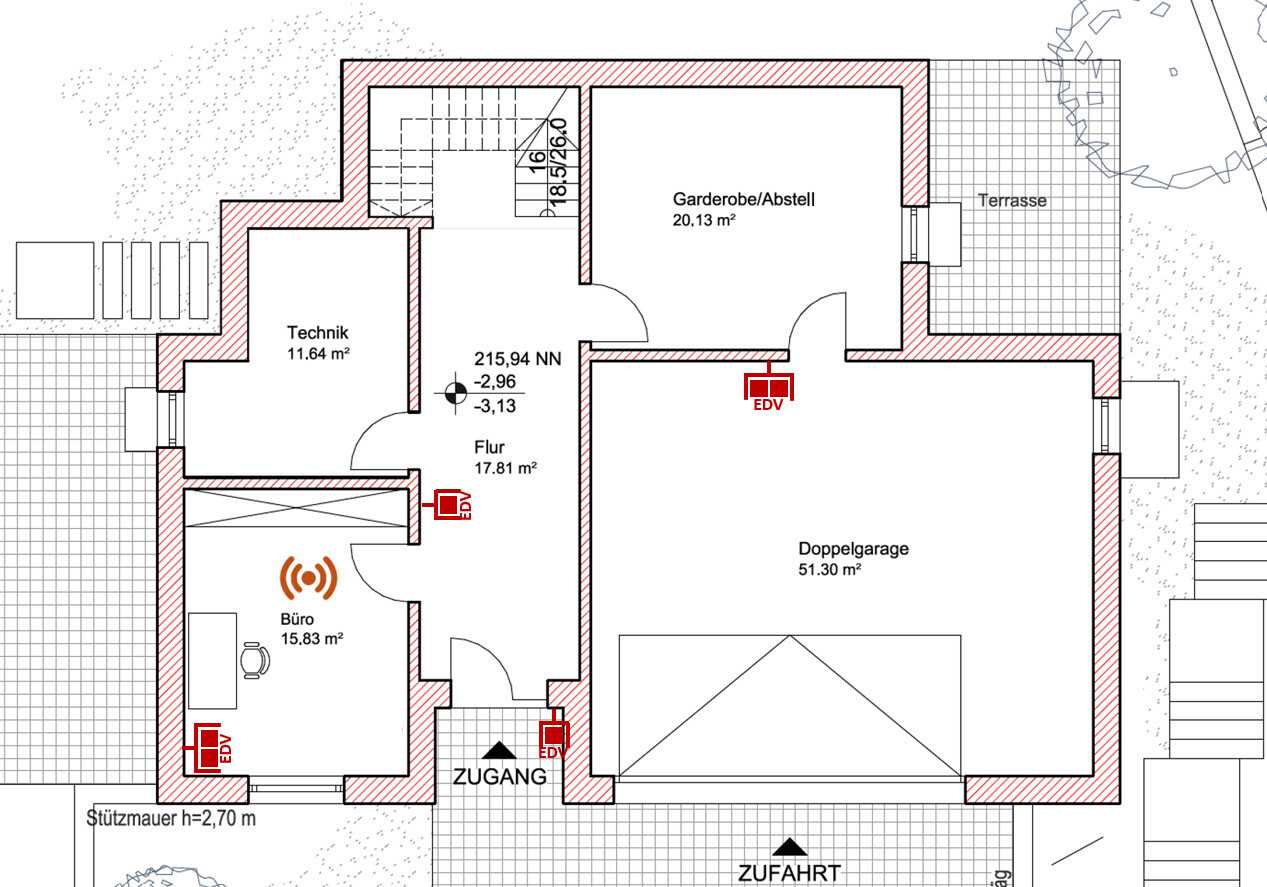 Grundriss eines Hauses: Doppelgarage, Büro, Technik, Flur, Garderobe/Abstell, Terrasse.