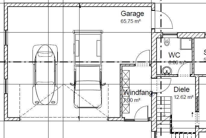 Grundrissplan einer Doppelgarage mit Windfang und Diele im Haus