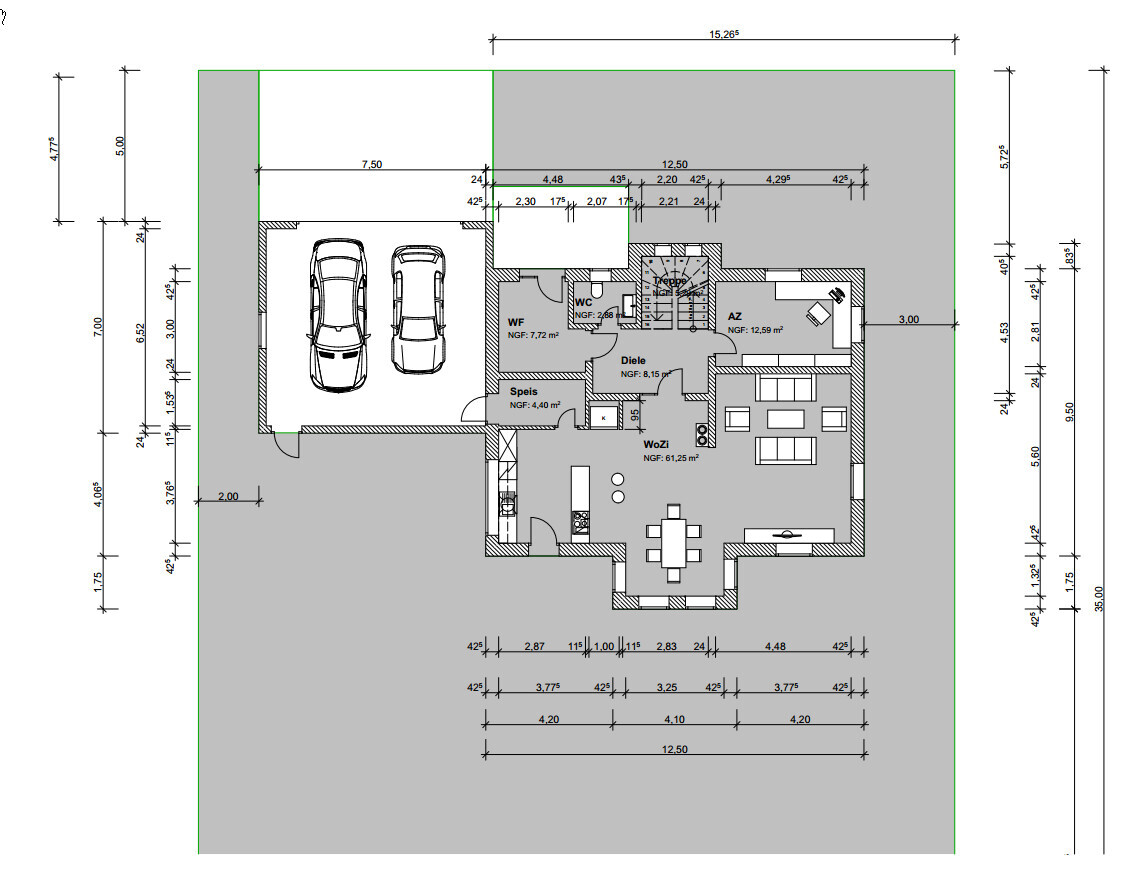 Grundriss eines Einfamilienhauses mit Doppelgarage, Küche, Esszimmer und Wohnzimmer.