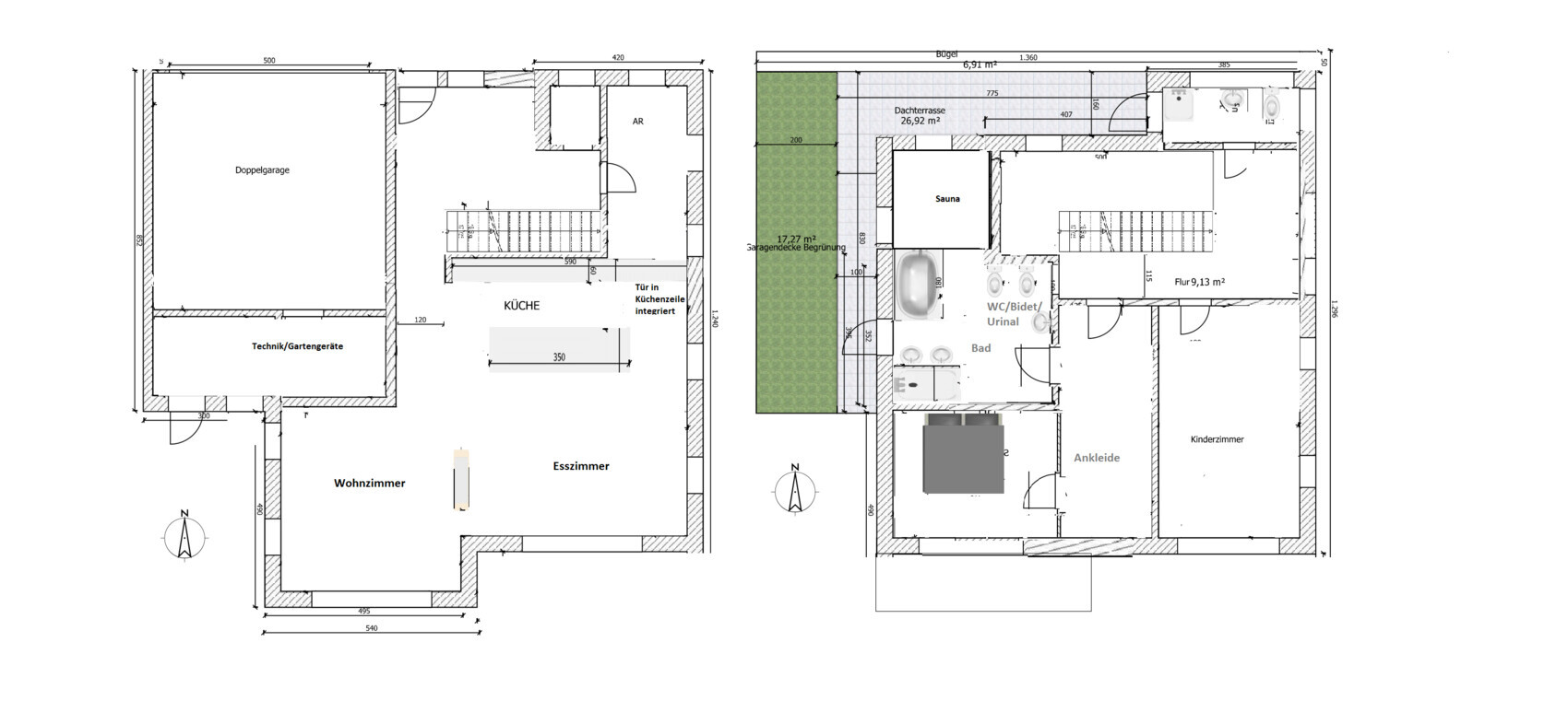 Zweigeschossiger Grundriss: Garage, Küche, Wohnzimmer links; Bad, Sauna, Kinderzimmer rechts.