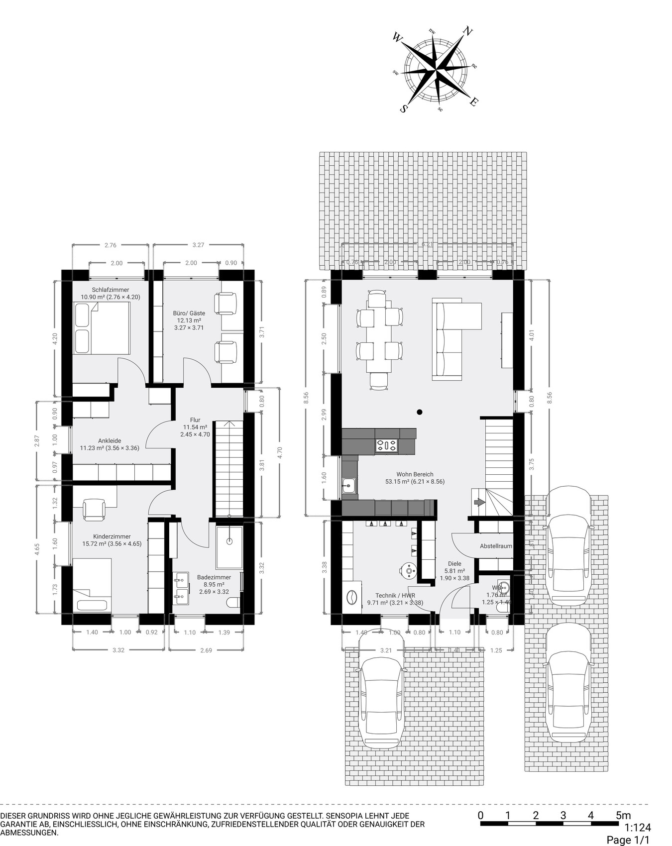 Zweigeschossiger Hausgrundriss mit Wohnbereich, Küche, Schlafzimmer, Bad und Carport.