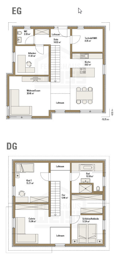 Grundriss EG: Wohnzimmer, Küche, Arbeitszimmer, WC, Diele; DG: Schlafzimmer, Bad, Kind 1, Galerie