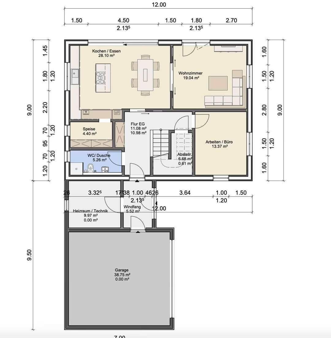 Grundriss eines Hauses: Küche / Essen, Wohnzimmer, Büro, Flur, Speise, WC/Dusche, Garage.