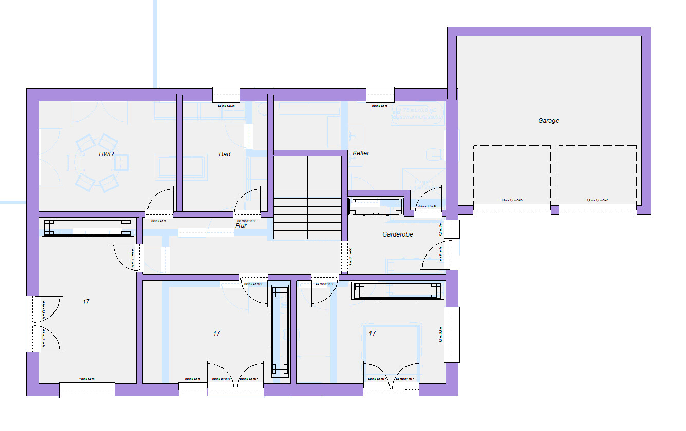 Grundriss eines Hauses mit HWR, Bad, Keller, Garderobe, Garage, Flur.