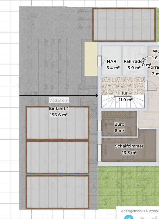 Grundriss eines Gebäudes: Einfahrt, HAR, Fahrräder, Flur, Büro und Schlafzimmer