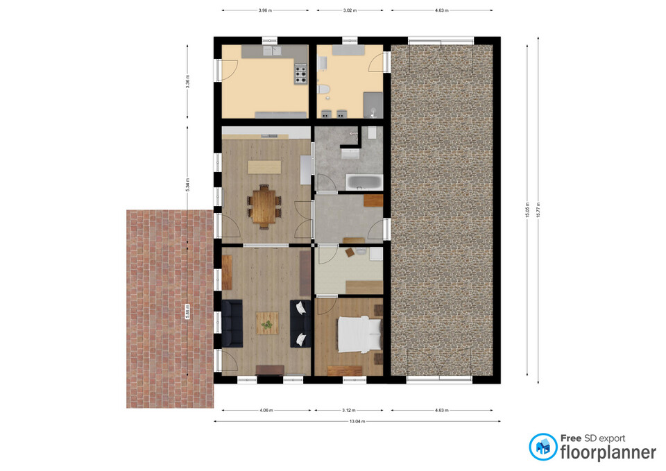 Grundriss eines Hauses: Wohnzimmer, Esszimmer, Küche, Schlafzimmer, Bad und Terrasse.