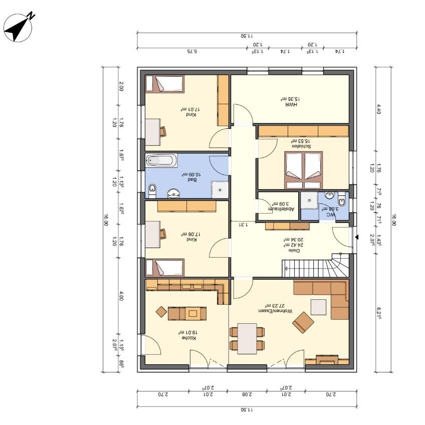 Grundriss eines Einfamilienhauses: Küche, Wohnzimmer, zwei Schlafzimmer, Bad, WC und Treppe.
