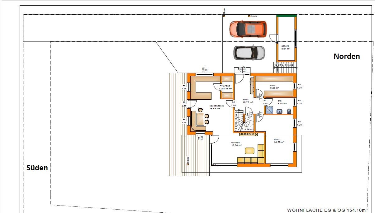 2D-Grundriss eines Einfamilienhauses mit Garage, Terrasse und Räumen