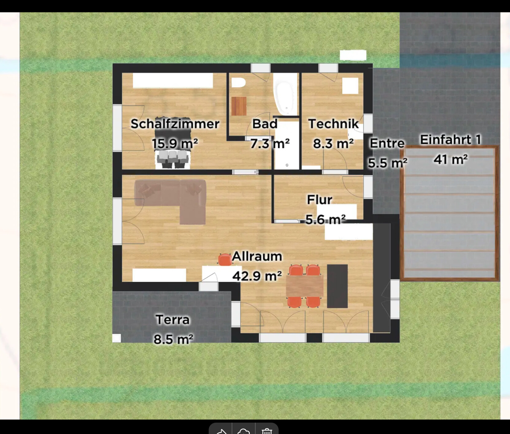 Grundriss eines Hauses mit Schlafzimmer, Bad, Technik, Flur, Allraum, Terrasse und Einfahrt.
