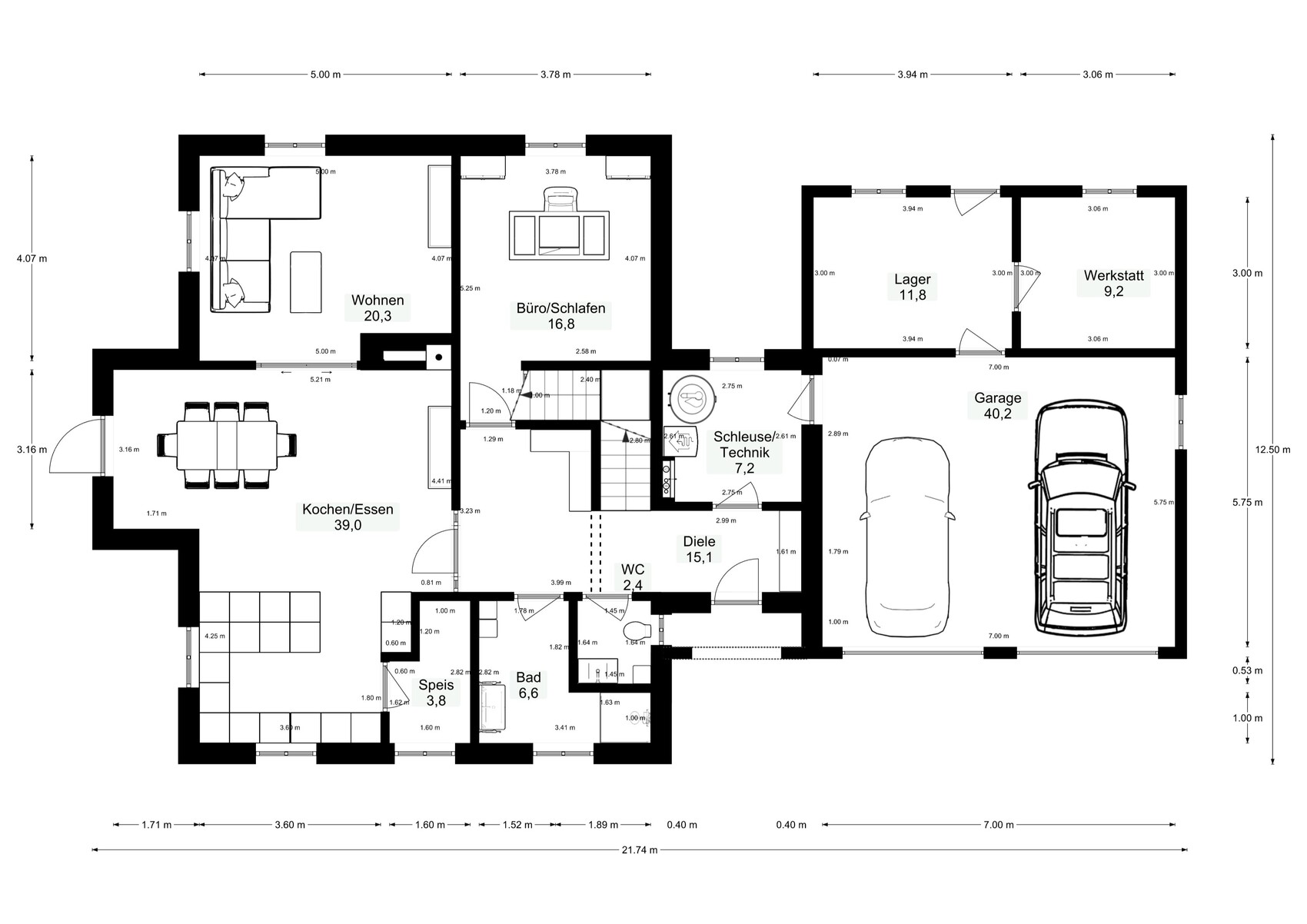 Grundriss eines Einfamilienhauses mit Wohnzimmer, Küche, Schlafzimmer und Garage