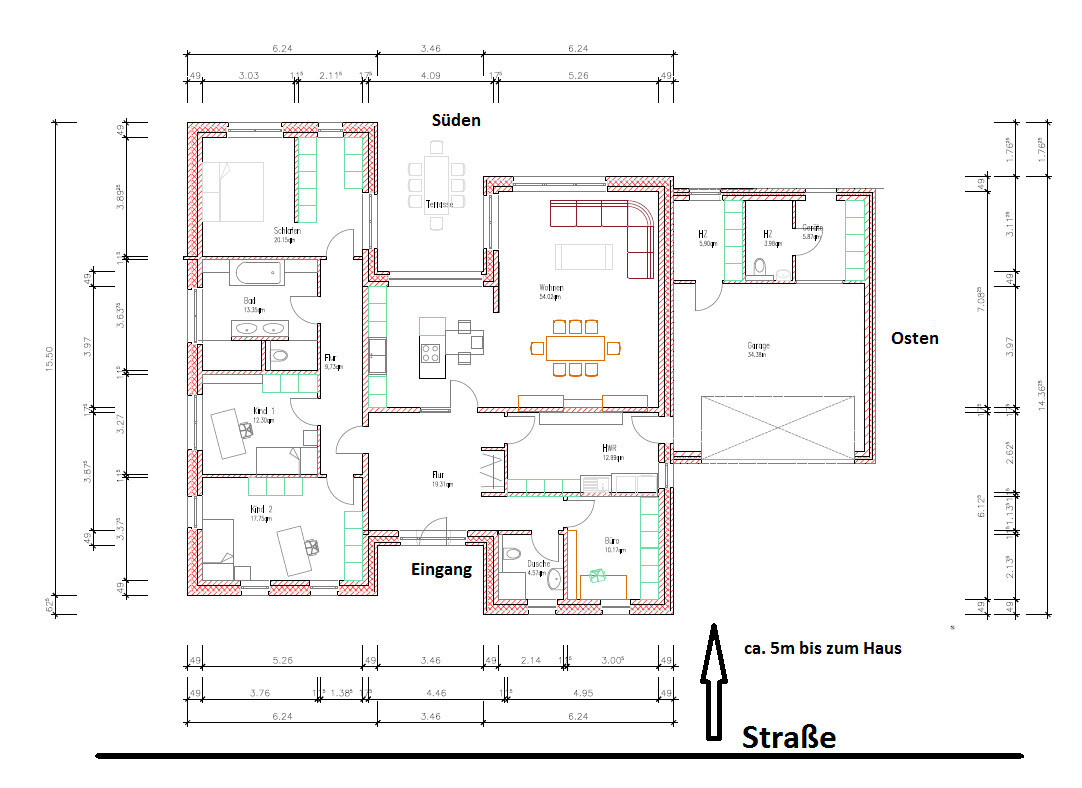 Grundriss eines Einfamilienhauses: Eingang, Flur, Wohnzimmer, Küche, Bad, Schlafzimmer, Garage.