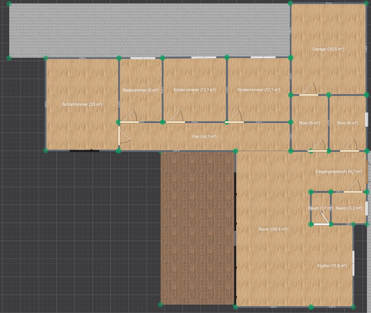 Grundriss eines Hauses mit Schlafzimmer, Bad, 2 Kinderzimmer, Flur, Küche, Büro und Garage.