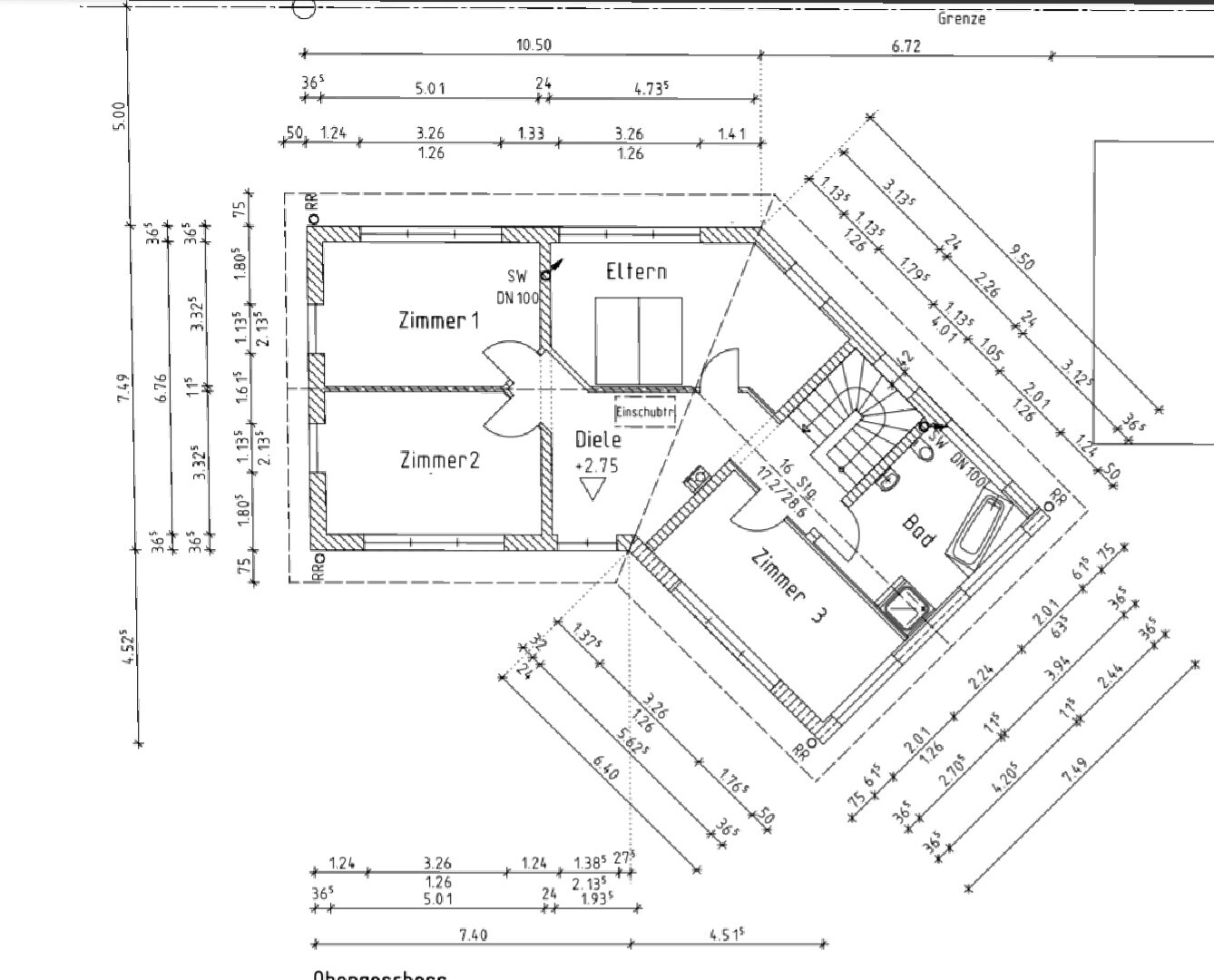 Grundriss Obergeschoss eines Hauses mit Zimmer 1, Zimmer 2, Zimmer 3, Eltern, Diele, Bad und Treppe.