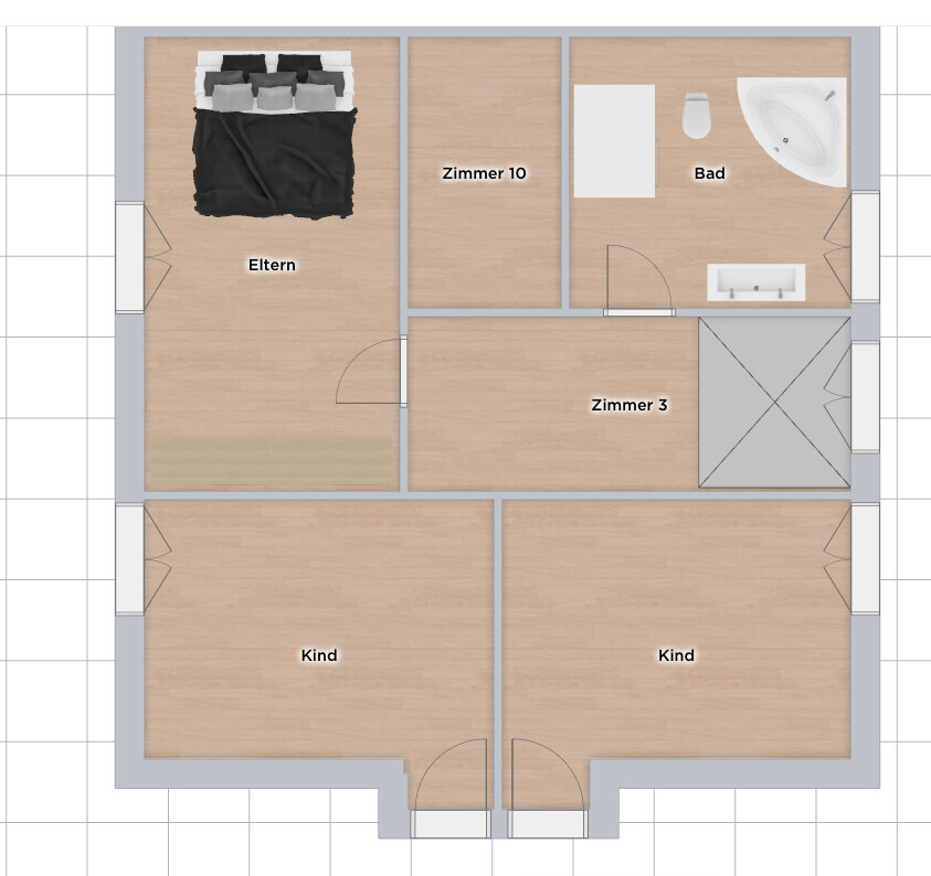 Grundriss eines Hauses: Eltern-Schlafzimmer, Zimmer 10, Bad, Zimmer 3 und zwei Kinderzimmer.