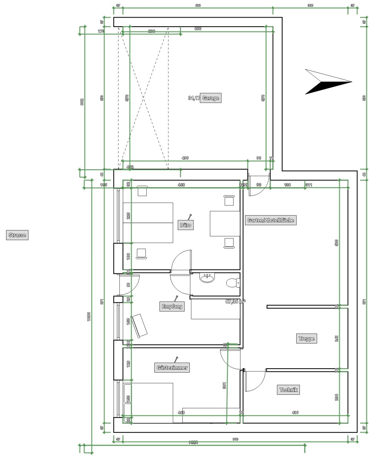 Grundriss eines Hauses: Garage, Büro, Empfang, Gästezimmer, Treppe, Technik, Garten/Abstellfläche.