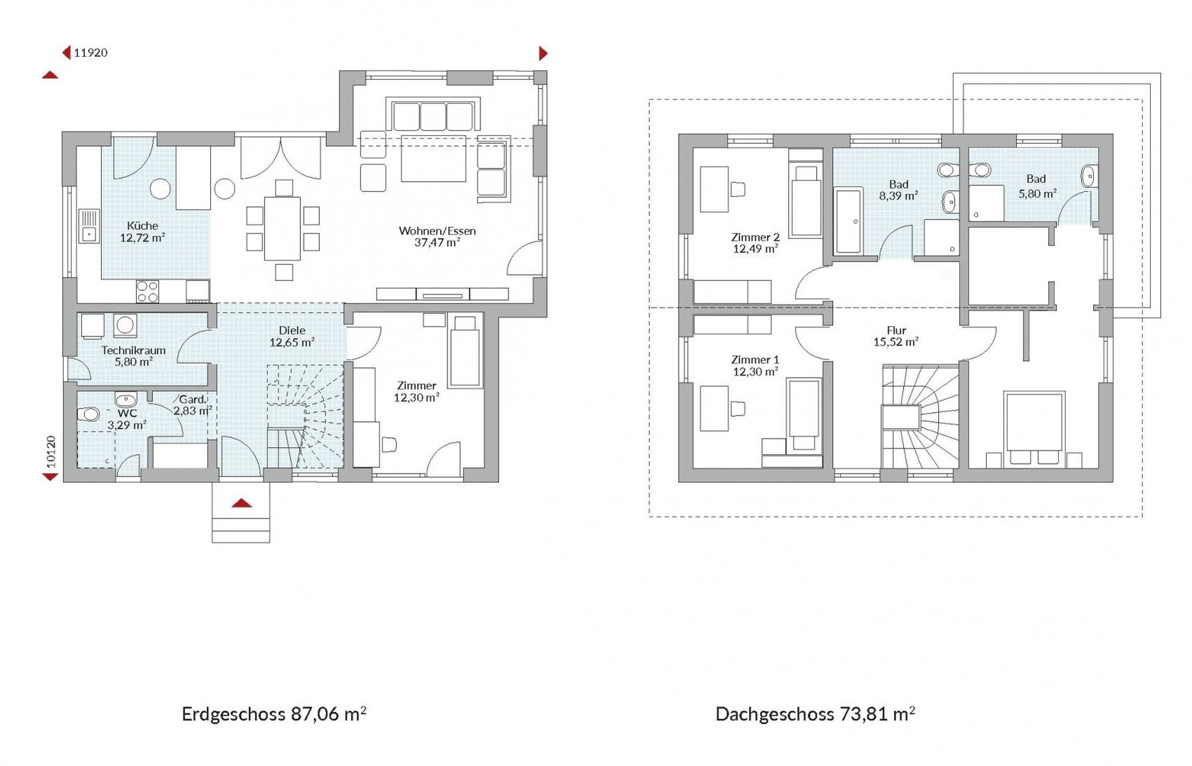 Grundriss eines Hauses: Erdgeschoss mit Küche, Wohnen/Essen, Diele; Dachgeschoss mit Zimmern.