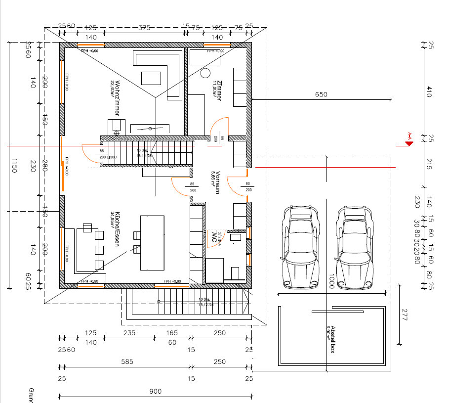 Grundriss: Küche/Essen, Wohnzimmer, Vorraum, WC, Treppen; Garage mit 2 Autos.