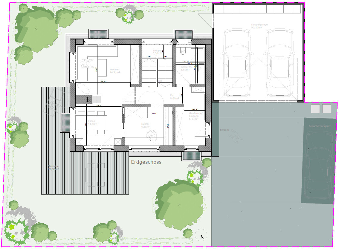 Grundrissplan eines Hauses Erdgeschoss mit Garten Terrasse und Doppelgarage