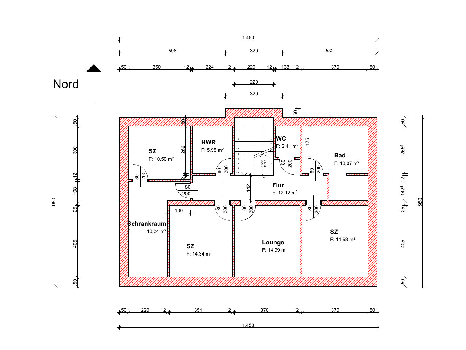 Grundrissplan eines Hauses mit Zimmern, Flur und Bad im Erdgeschoss