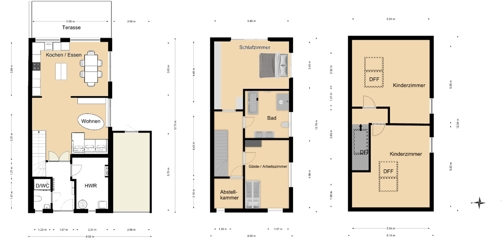 Grundriss eines Hauses: Küche, Wohnen, Terrasse; Schlafzimmer, Bad, Gäste-/Arbeitszimmer; 2 Kinder.