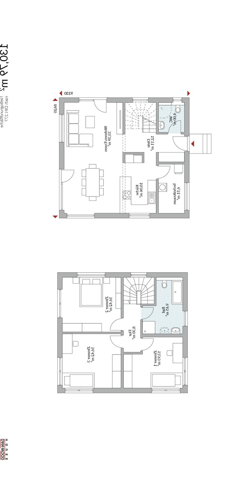 Zweigeschossiger Grundriss: Wohnzimmer, Küche, Essbereich, Treppe, WC, Schlafzimmer.