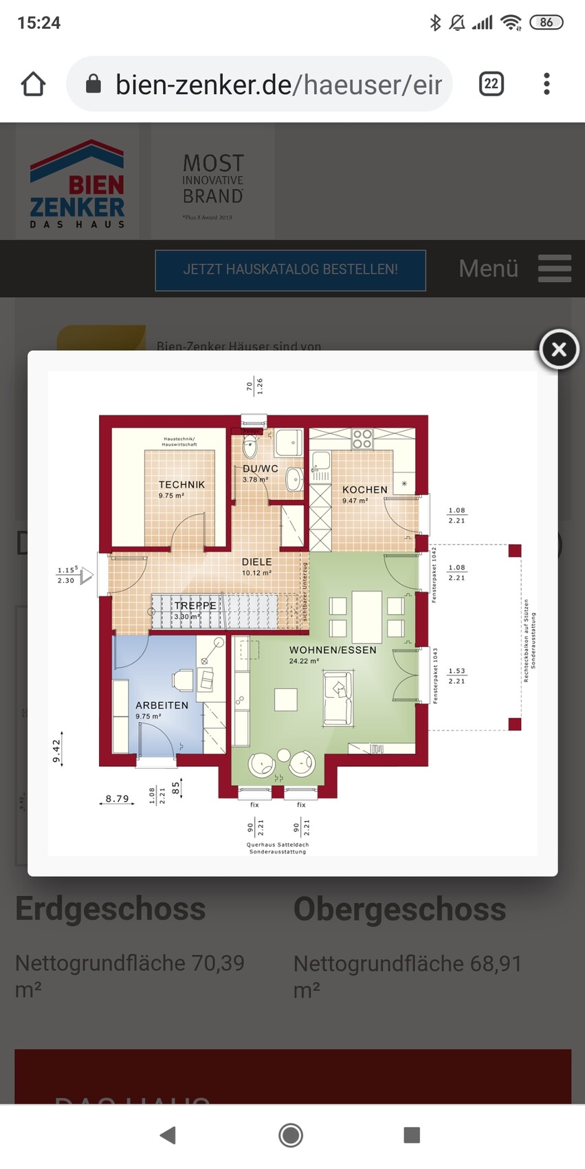 Grundriss des Erdgeschosses mit Technik, DU/WC, Kochen, Diele, Treppe, Wohnen/Essen und Arbeiten.