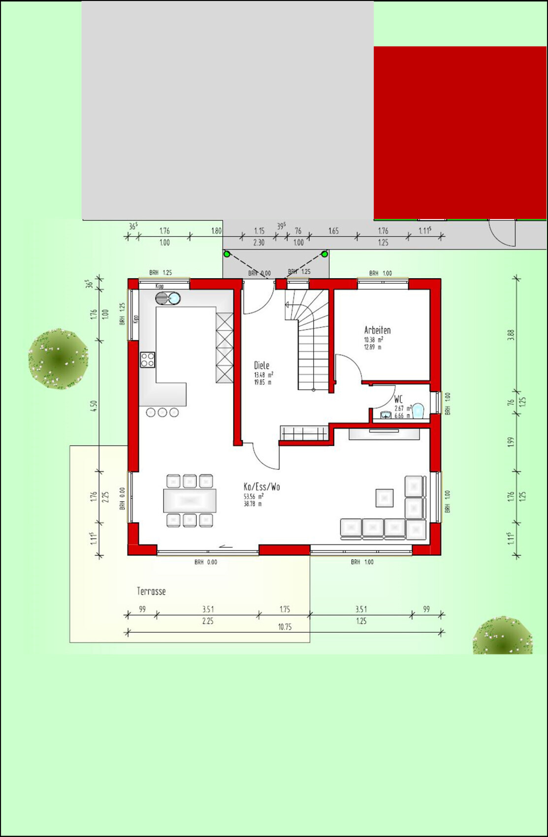 Grundriss eines Hauses mit Küche, Essbereich, Wohnzimmer, Arbeitszimmer und Terrasse