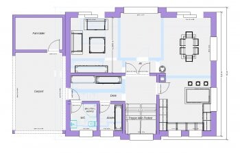 Grundriss eines Hauses mit Wohnzimmer, Küche, Essbereich, Bad, Flur, Terrasse und Carport.