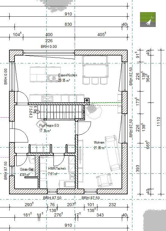 Grundriss eines Einfamilienhauses, Erdgeschoss mit Wohnen, Essen/Kochen und Flur