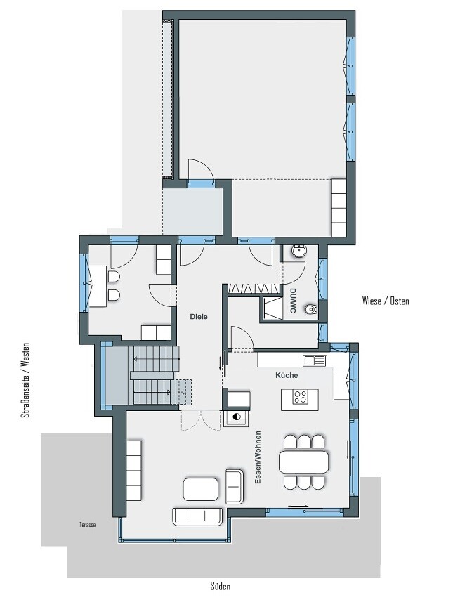 Grundriss eines Einfamilienhauses mit Diele, Küche, Essen/Wohnen, Bad, Terrasse und Garten.