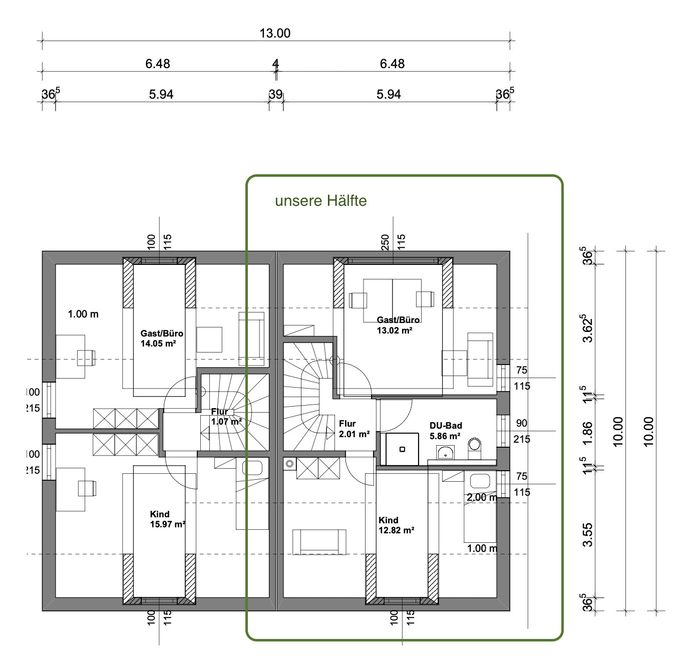 Grundriss einer Doppelhaushälfte; eigene Hälfte mit Gast/Büro, Flur, Bad.