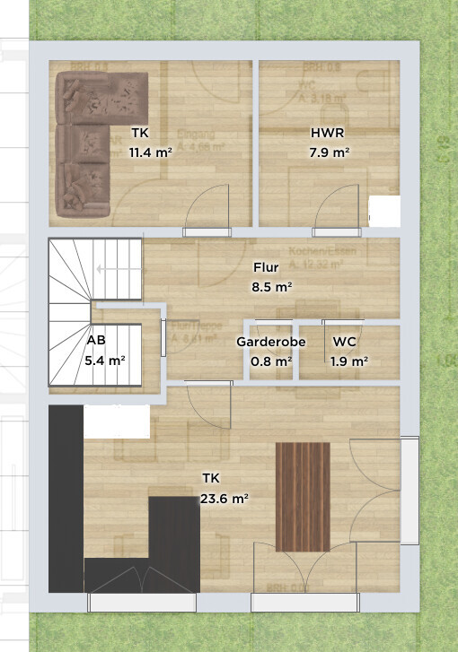 Grundriss eines Hauses: Flur, Treppe, Küche/Essen, Wohnzimmer, HWR, Abstellraum, WC, Garderobe.