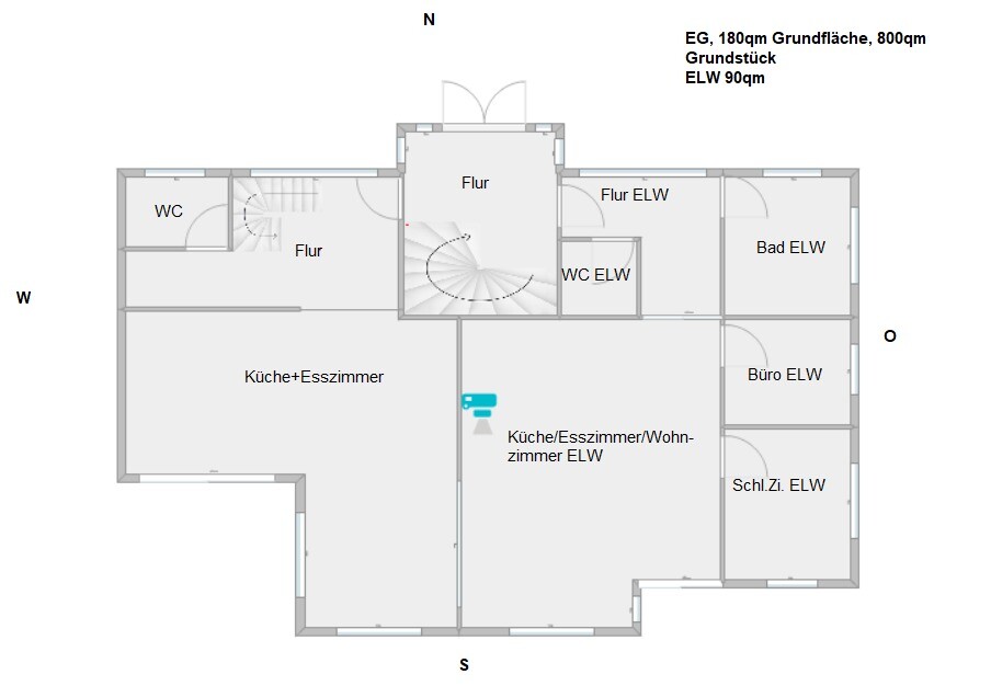 Erdgeschoss-Grundriss eines Hauses mit Küche, Essecke, Fluren, Bad, WC, Büro und Schlafzimmer.