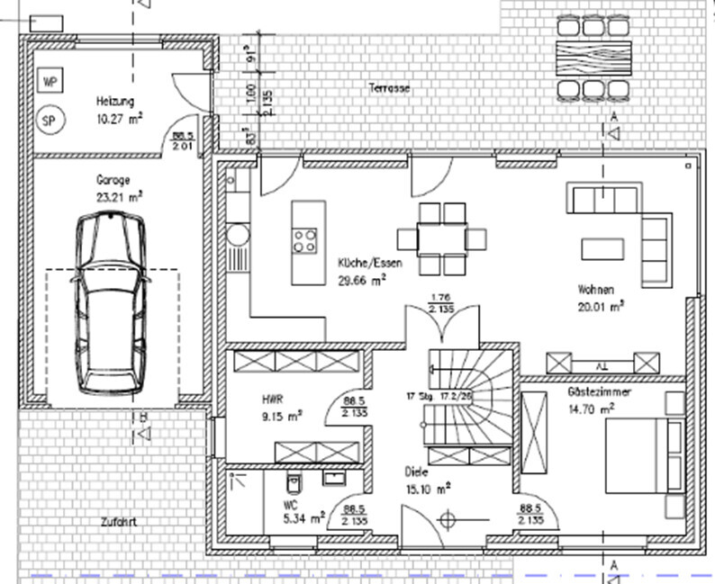 Grundriss eines Hauses: Garage mit Auto, Küche, Wohnen, Gästezimmer, Diele, WC, Terrasse.