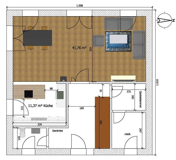 Grundriss: Großes Wohn-/Esszimmer, Küche, HWR, Speisekammer, Garderobe, Flur.