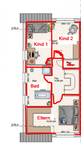 2D-Grundriss eines Hauses mit Elternzimmer, Kinderzimmern, Bad und Flur