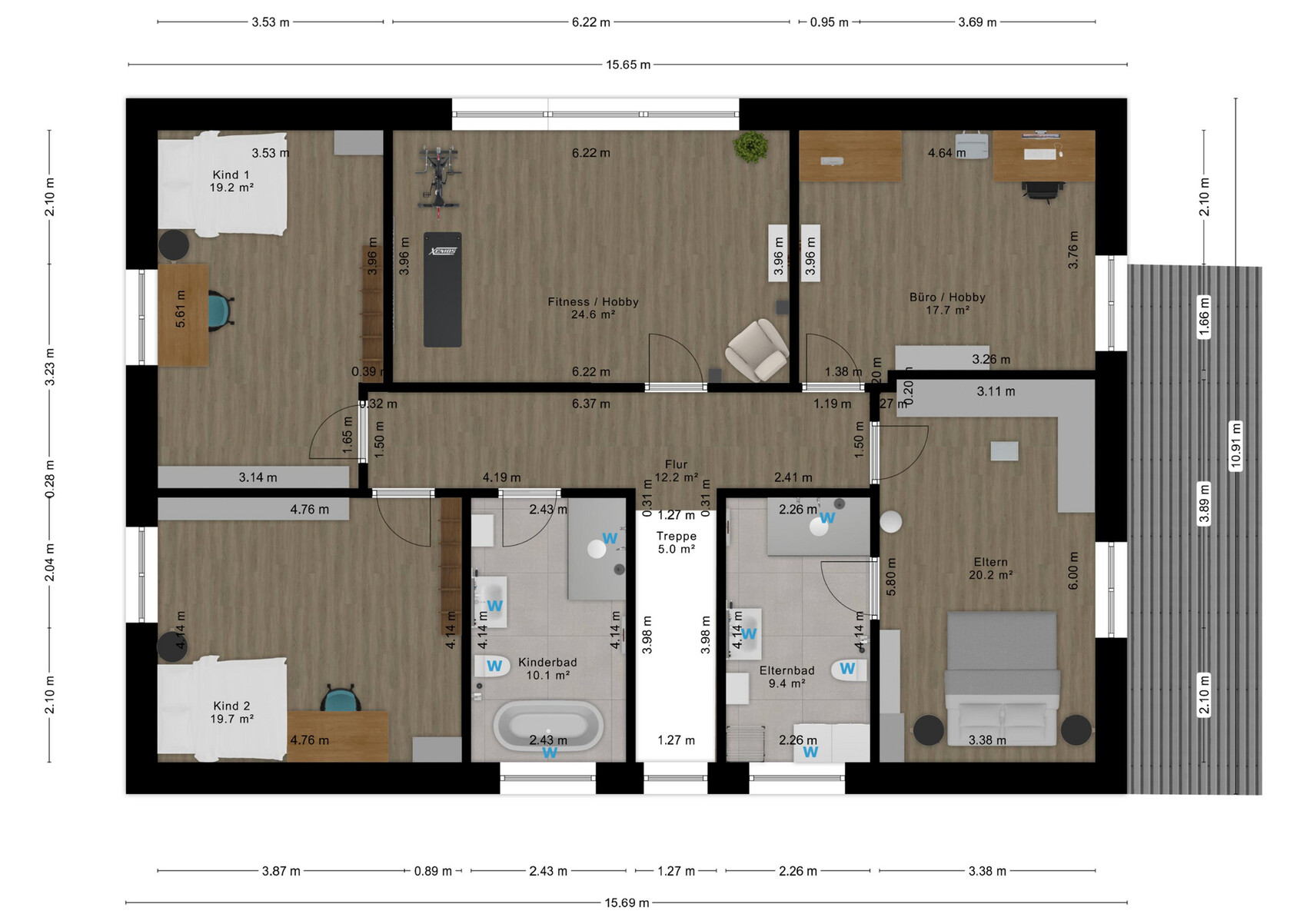Detaillierter 2D-Grundriss eines Familienhauses mit Schlafzimmern, Bad und Flur.