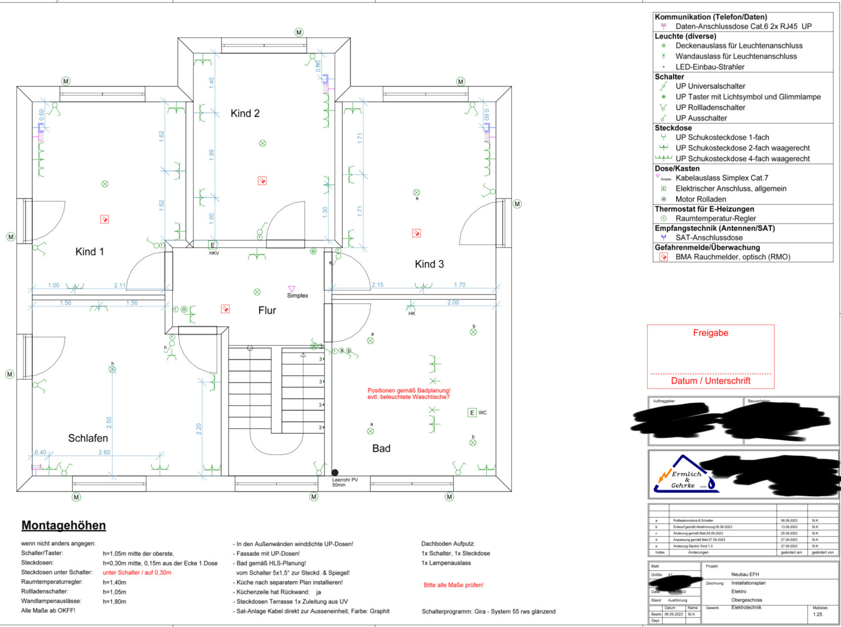 Grundriss eines Etagenplans mit Schlafen, Flur, Bad, Kind 1–3; Installationssymbole.