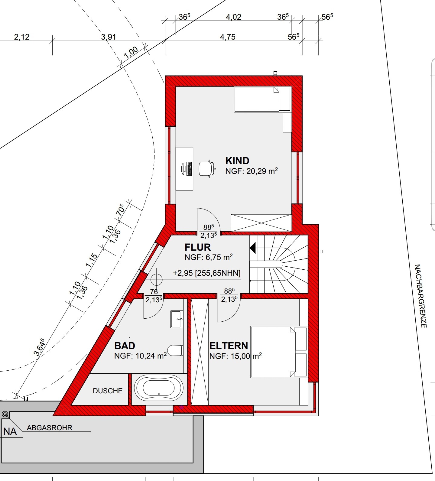 Grundriss eines Hauses mit Kind- und Elternzimmer, Bad, Flur; rote Außenwand