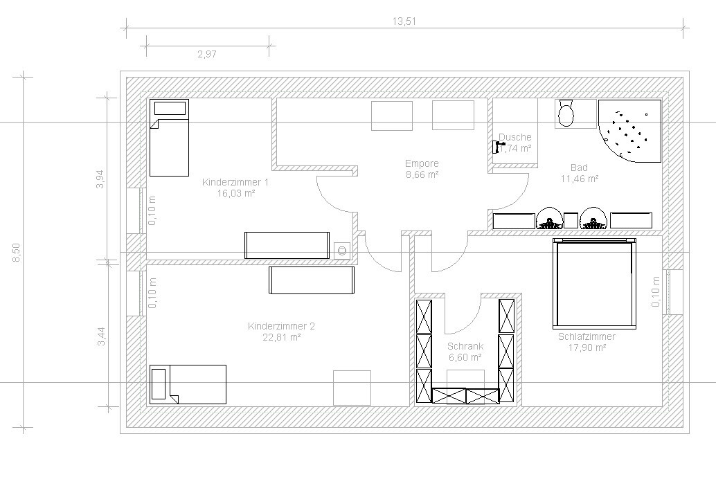 Grundriss eines Hauses mit Schlafzimmer, zwei Kinderzimmern, Bad, Dusche, Empore und Schrank