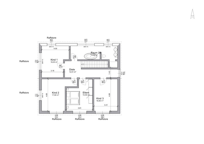 Grundriss Obergeschoss: Flur, Treppe, Bad, Elternzimmer und drei Kinderzimmer.