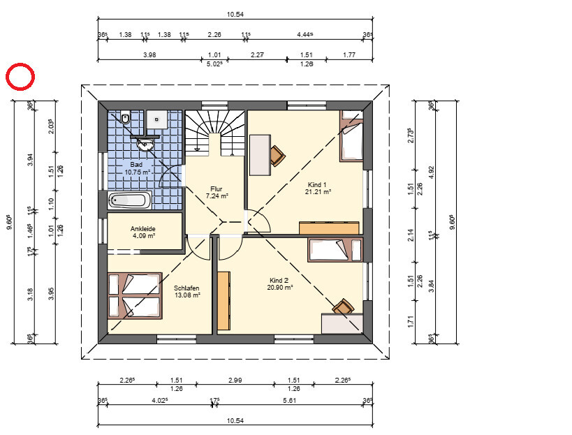 Grundriss eines Hauses mit Bad, Flur, Ankleide, Schlaf- und Kinderzimmern, Treppenhaus.