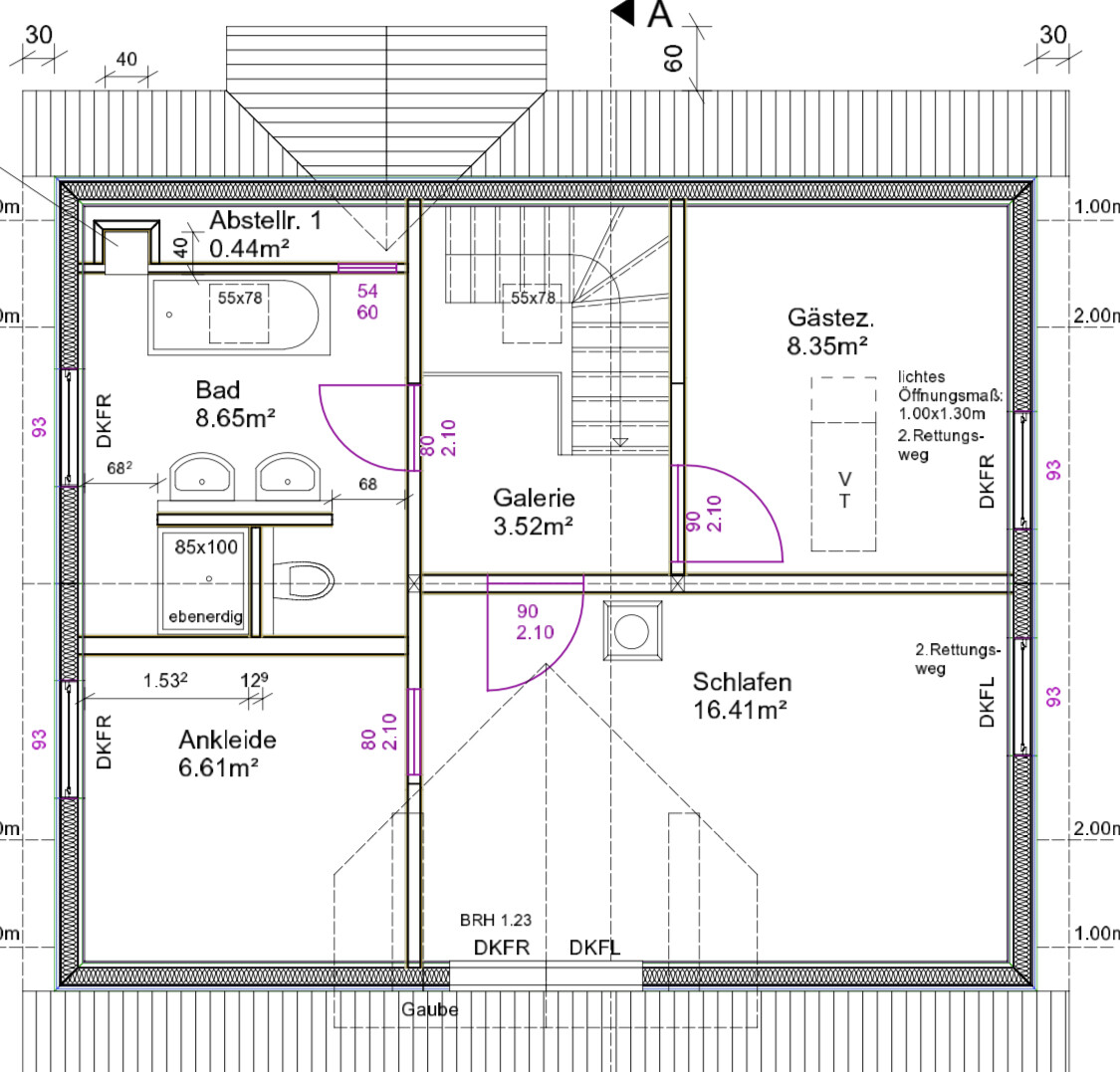 Grundriss DG: Bad, Abstellraum, Galerie, Ankleide, Schlafen, Gästezimmer.